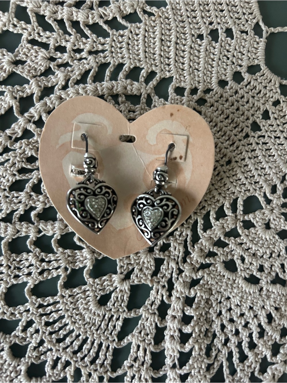 Brighton Reno Heart Dangle Earrings NWT Silver Black Scrollwork